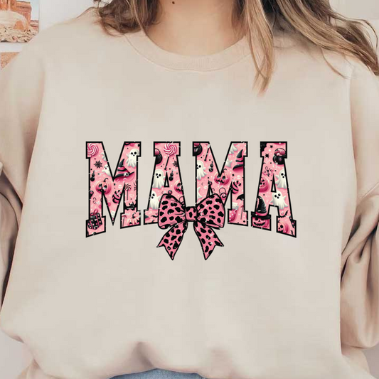 A fun and playful "MAMA" design featuring bright colors, candy motifs, and a stylish black and pink bow. dtf prints