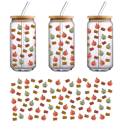 A playful pattern of cheerful ornaments featuring smiling faces and "Ho" text, perfect for a festive or holiday theme.UV Transfers dtf prints