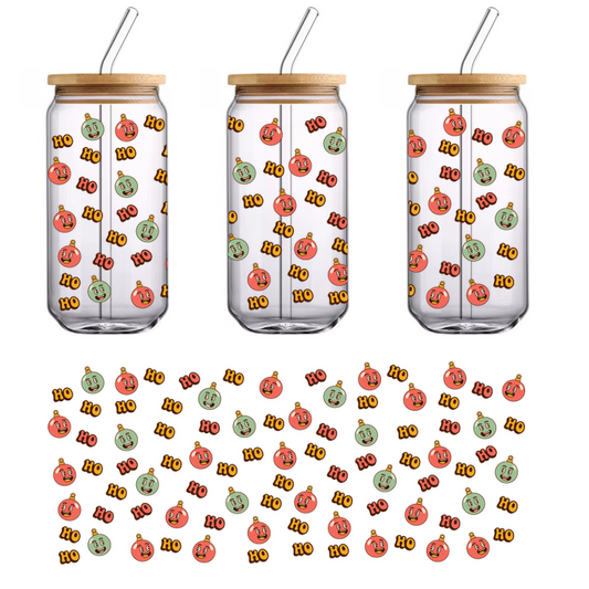 A playful pattern of cheerful ornaments featuring smiling faces and "Ho" text, perfect for a festive or holiday theme.UV Transfers dtf prints