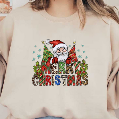 Celebrate the festive season with this cheerful Santa-themed "Merry Christmas" design, adorned with colorful patterns and snowflakes.DTF Transfers dtf transfersdtf regular iron