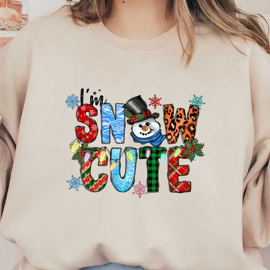 Celebrate the season with this cheerful "Snow Cute" design featuring a playful snowman and colorful, festive lettering.DTF Transfers heat press transfers