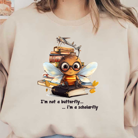 An adorable bee character with glasses sits atop a stack of colorful books, playfully captioned "I'm not a butterfly... I'm a scholar-fly."dtf regular iron