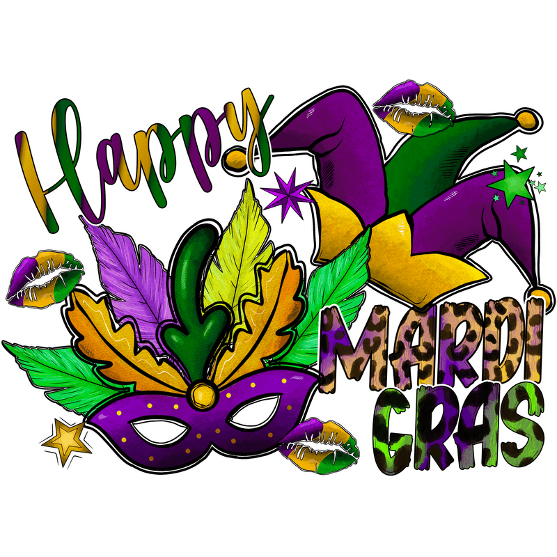 Celebrate Mardi Gras with this vibrant design featuring a colorful mask, festive leaves, and playful lettering!DTF Transfers