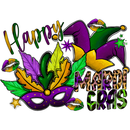 Celebrate Mardi Gras with this vibrant design featuring a colorful mask, festive leaves, and playful lettering!DTF Transfers