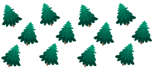 A whimsical illustration featuring green pine trees scattered among floating white snowballs on a dark background.UV Transfersdtf regular iron