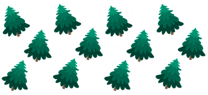 A whimsical illustration featuring green pine trees scattered among floating white snowballs on a dark background.UV Transfersdtf regular iron