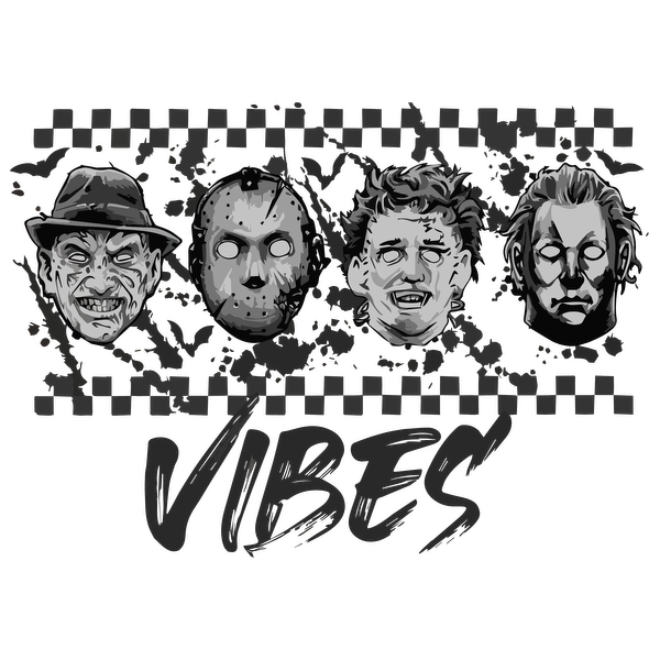 A spooky, artistic design featuring iconic horror movie faces with the text "VIBES" in an edgy style. dtf prints