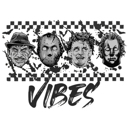 A spooky, artistic design featuring iconic horror movie faces with the text "VIBES" in an edgy style. dtf prints