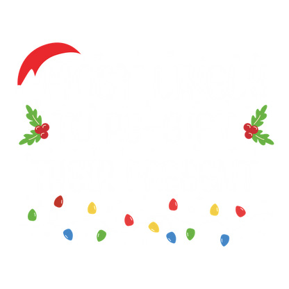 Fun and festive graphic featuring the playful phrase "Most Likely to Re-Gift Their Present" surrounded by holiday decorations.DTF Transfers dtf transfers heat press transfers