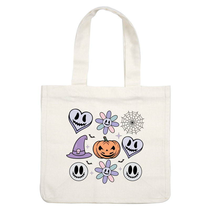 A whimsical Halloween-themed illustration featuring a grinning pumpkin, ghostly hearts, playful flowers, and a witch's hat, all in pastel colors. heat press transfers