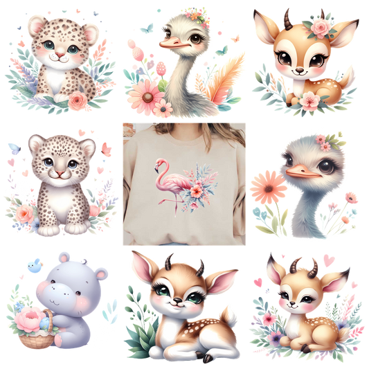 A collection of adorable animal-themed patches featuring cute cats, birds, and deer.DTF Transfers