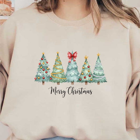 A festive illustration of five decorated Christmas trees with "Merry Christmas" written below.DTF Transfers