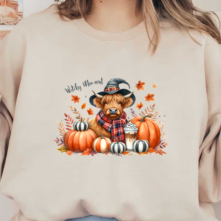 A whimsical Highland cow in a witch hat and plaid scarf surrounded by colorful pumpkins and a festive drink. dtf transfers