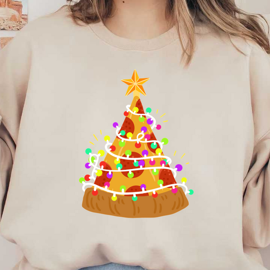 A whimsical, cartoon-style Christmas tree made of pizza, adorned with colorful decorations and a shining star on top.DTF Transfers heat press transfers heat press transfers