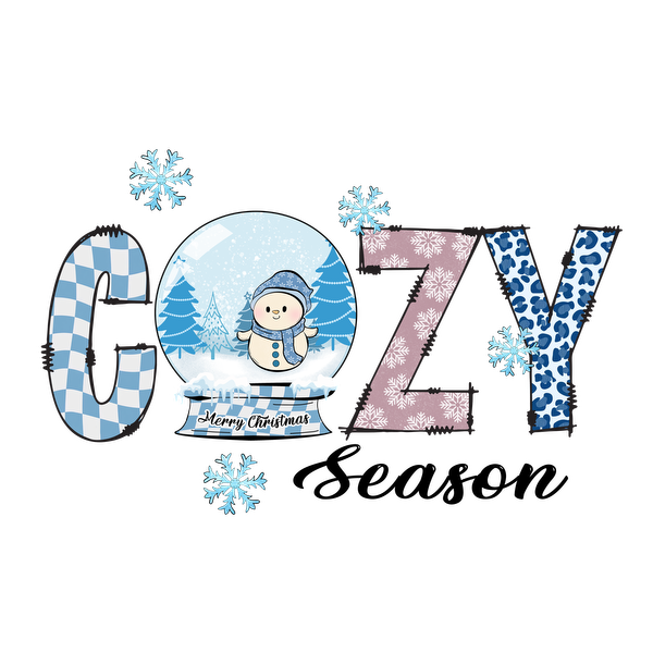 Celebre la temporada con este diseño festivo "COZY" que presenta un alegre muñeco de nieve, árboles navideños y patrones divertidos.