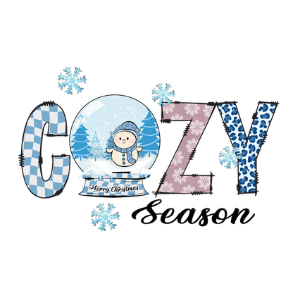 Celebre la temporada con este diseño festivo "COZY" que presenta un alegre muñeco de nieve, árboles navideños y patrones divertidos.