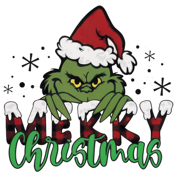 Cheerful holiday design featuring the Grinch in a Santa hat, expressing a playful "Merry Christmas" message with festive colors.DTF Transfers dtf transfers