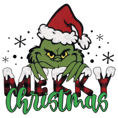 Cheerful holiday design featuring the Grinch in a Santa hat, expressing a playful "Merry Christmas" message with festive colors.DTF Transfers dtf transfers