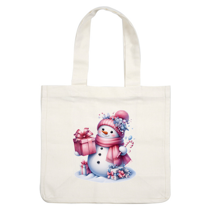 A cheerful snowman, adorned with a pink hat and scarf, holds gifts and a candy cane amidst a snowy backdrop. heat press transfers