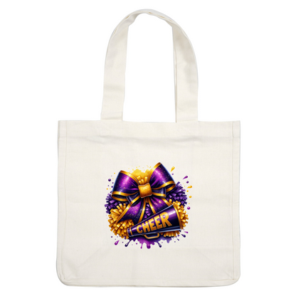 A vibrant cheerleading graphic featuring a purple and gold bow, pom-poms, and a megaphone with the word "CHEER."DTF Transfers heat press transfers