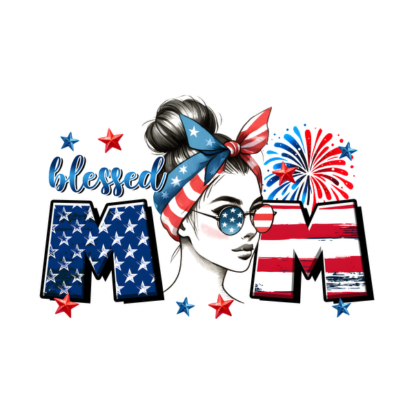 Celebrate mom with this stylish graphic featuring a patriotic woman, stars, and fireworks, showcasing "blessed MOM" in bold colors. dtf transfers