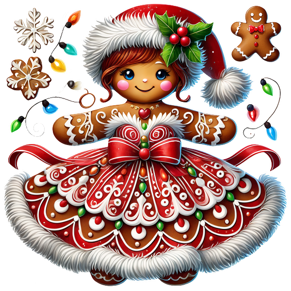 A charming gingerbread girl dressed in a festive red and white gown, complete with a Santa hat and Christmas decorations.DTF Transfers dtf prints