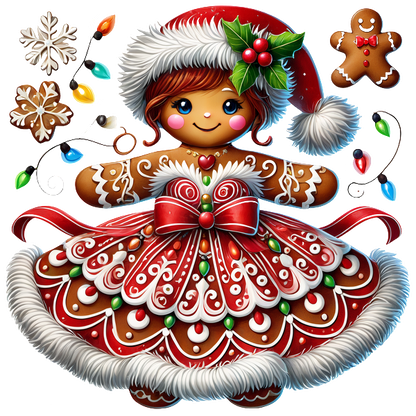 A charming gingerbread girl dressed in a festive red and white gown, complete with a Santa hat and Christmas decorations.DTF Transfers dtf prints