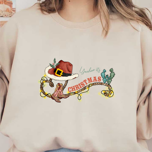 This festive design features a cowboy hat, boots, and cacti, blending Western style with a cheerful Christmas theme.