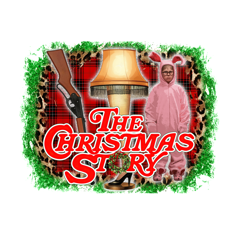 A colorful graphic tribute to "The Christmas Story," featuring iconic elements like a pink bunny suit, a lamp, and a rifle.DTF Transfers dtf transfersdtf regular iron