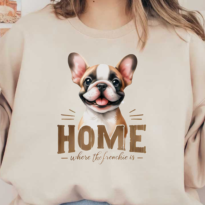 Ilustración caprichosa que presenta un alegre bulldog francés con la frase "Hogar donde está el Frenchie", perfecta para los amantes de las mascotas.