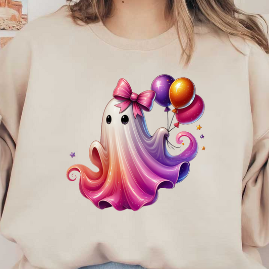 Un personaje fantasma alegre y colorido, adornado con un lazo rosa, que sostiene globos vibrantes en un estilo divertido y caprichoso.