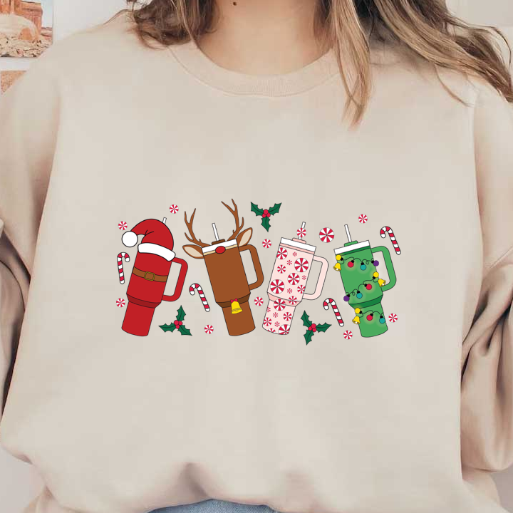 A festive collection of holiday-themed mugs, including a Santa cap, reindeer design, peppermint pattern, and colorful Christmas decorations.dtf regular iron dtf transfers