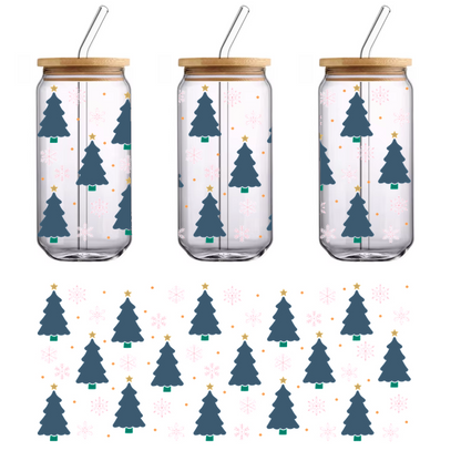 A festive winter pattern featuring blue Christmas trees, delicate snowflakes, and cheerful golden stars on a dark background.UV Transfers dtf transfers