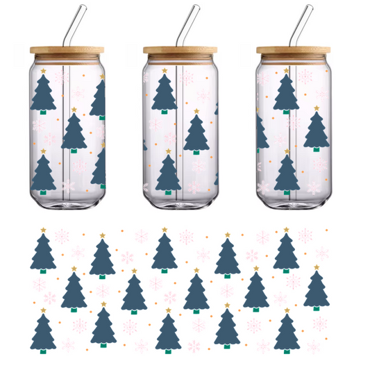 A festive winter pattern featuring blue Christmas trees, delicate snowflakes, and cheerful golden stars on a dark background.UV Transfers dtf transfers