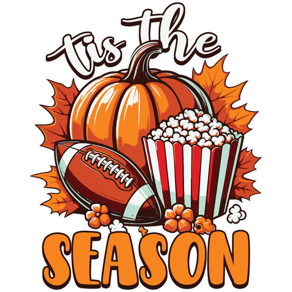 Celebrate the autumn vibe with this vibrant illustration featuring a pumpkin, a football, popcorn, and colorful leaves!dtf regular iron