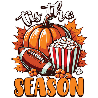 Celebrate the autumn vibe with this vibrant illustration featuring a pumpkin, a football, popcorn, and colorful leaves!dtf regular iron