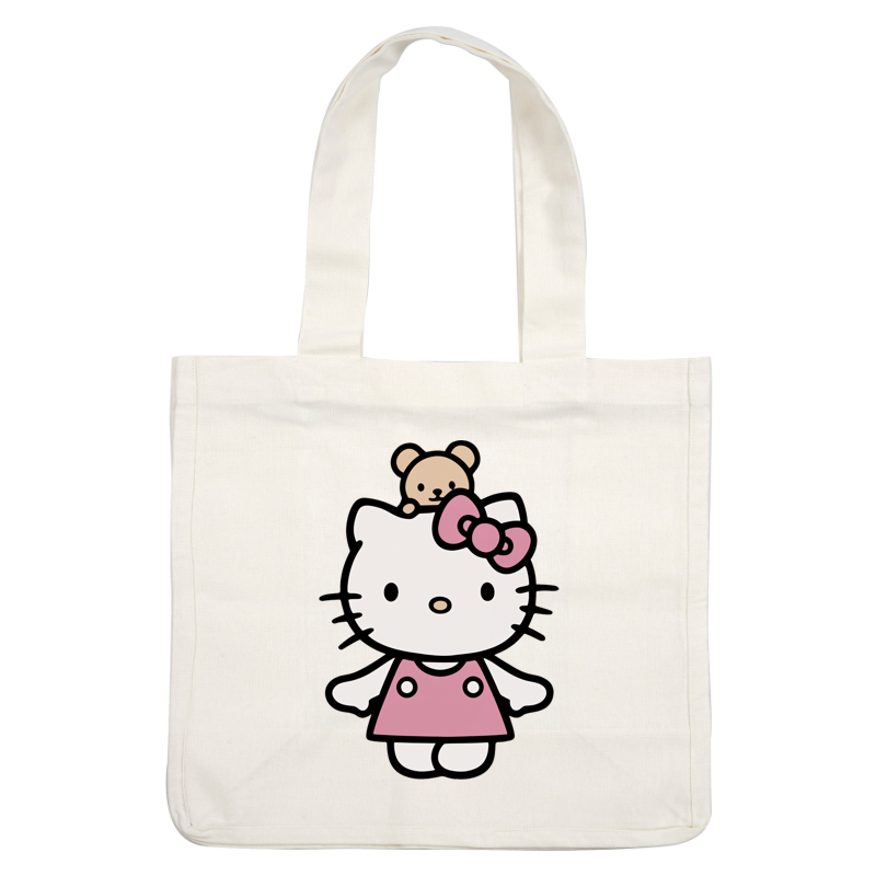 Cute illustration of Hello Kitty in a pink dress, adorned with a bow, with a small bear perched on her head.DTF Transfers heat press transfers