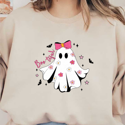 A cute, cartoon-style ghost adorned with colorful flowers and a pink bow, captioned "Boo-tiful," surrounded by pink stars.dtf regular iron