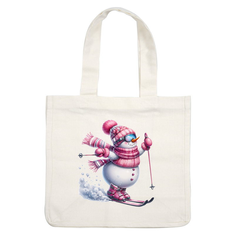 A cheerful snowman dressed in pink skiing attire, complete with a cozy scarf, hat, and goggles, gracefully glides through the snow. heat press transfers