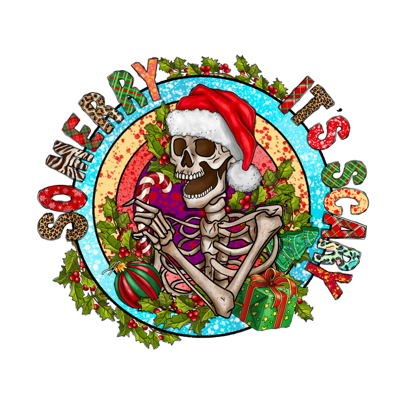 A festive skeleton wearing a Santa hat, surrounded by holly and Christmas decorations, brings a humorous twist to holiday cheer.DTF Transfersdtf regular iron dtf prints