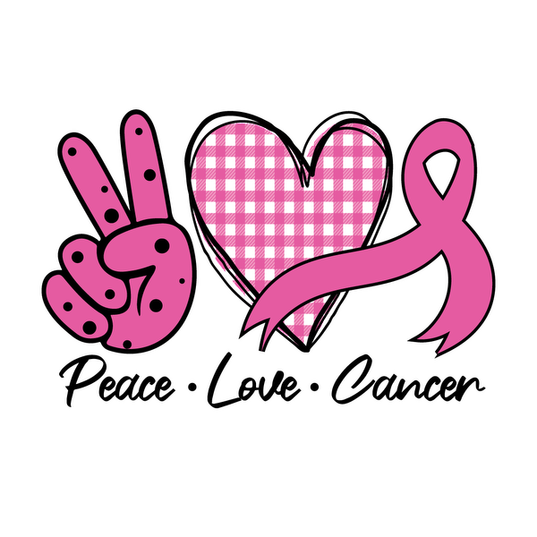 A vibrant design featuring a peace sign, a pink gingham heart, and a pink awareness ribbon, symbolizing love and support. dtf transfers