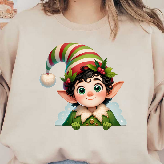 A cheerful cartoon elf with big green eyes, wearing a striped red and green hat adorned with holly and soft collar.DTF Transfers dtf transfers