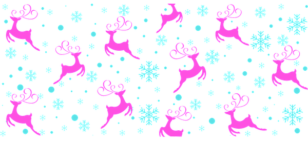 A whimsical pattern featuring playful pink reindeer and snowflakes against a black background, perfect for festive decor or apparel.UV Transfers dtf prints dtf prints