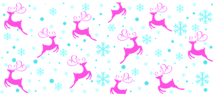 A whimsical pattern featuring playful pink reindeer and snowflakes against a black background, perfect for festive decor or apparel.UV Transfers dtf prints dtf prints