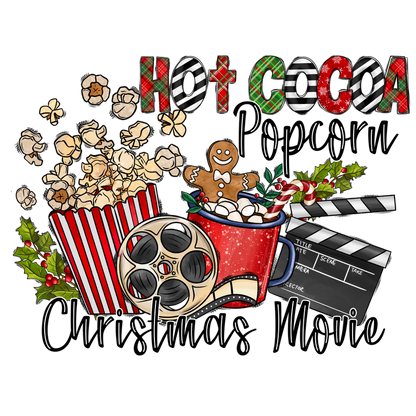 Cozy up for the holidays with this festive graphic featuring popcorn, hot cocoa, and a Christmas movie theme!DTF Transfersdtf regular iron dtf transfers