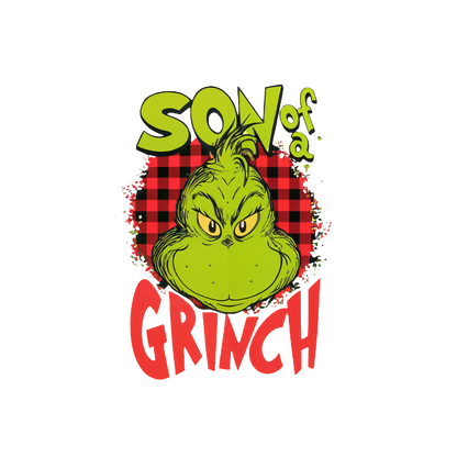 Fun graphic featuring the Grinch with the caption "Son of a Grinch," set against a festive plaid background.DTF Transfersdtf regular iron