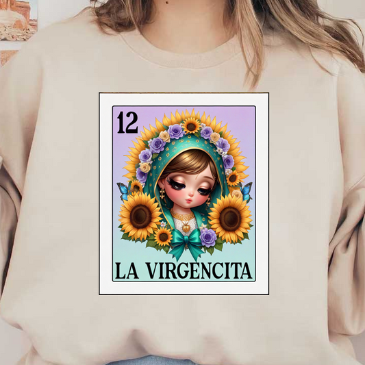 A colorful illustration of "La Virgencita" featuring a young girl adorned with sunflowers and flowers in her headscarf.dtf regular iron