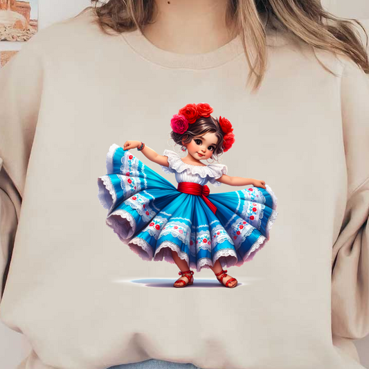 A joyful girl in a vibrant blue dress adorned with lace and floral patterns, complemented by a red sash and flowers in her hair. heat press transfers