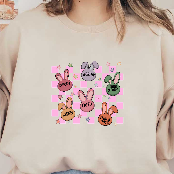 A colorful and playful design featuring bunny illustrations with positive words like "Strong," "Worthy," and "Faith" against a checkered background.DTF Transfers