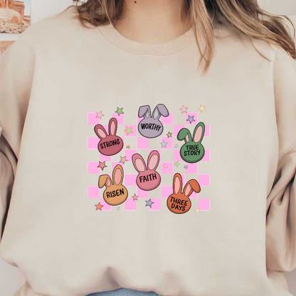A colorful and playful design featuring bunny illustrations with positive words like "Strong," "Worthy," and "Faith" against a checkered background.DTF Transfers